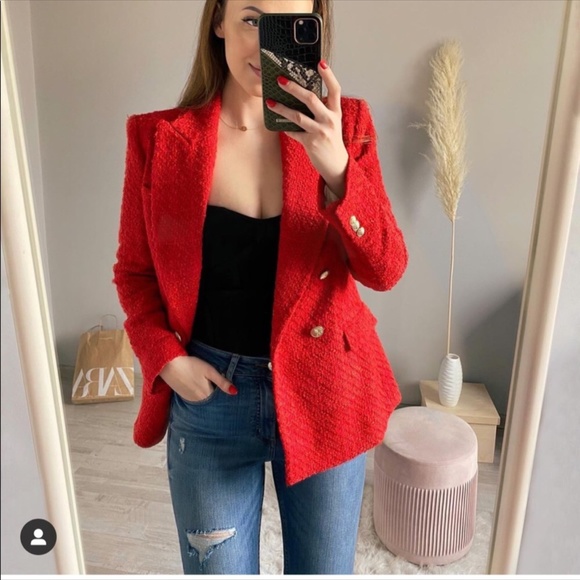 👸🏻 Zara Red Textured Double Breasted Blazer NWT - Picture 7 of 17
